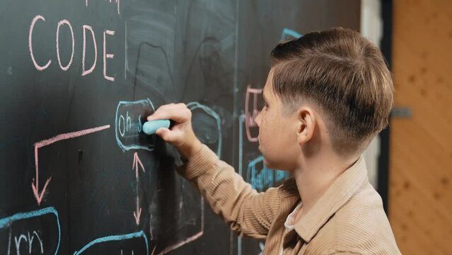 Closeup of smart student or boy writing prompt on blackboard. Child plan project and setting engineering system and brainstorm creative idea wrote on blackboard. Focus on hand. Site view. Erudition.