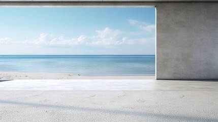 empty concrete room on the beach with sea and sky background. 3d rendering Generative AI