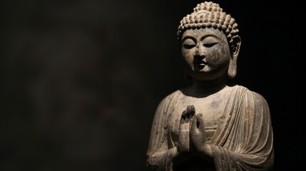 buddha statue on black background with copyspace - obrazy, fototapety, plakaty