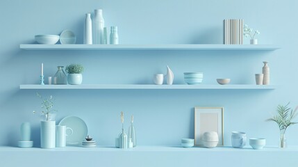 Fototapeta na wymiar 3d illustration of light blue shelves in the interior with various objects