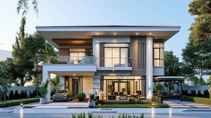 a modern two story house, in the style of light silver and white, thick texture, light gray, long distance and deep distance