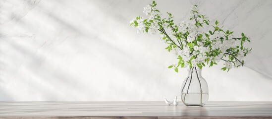 White bird cherry branch with tiny flowers in glass vase in elegant white living room with marble tile wall and wood table, copy space.