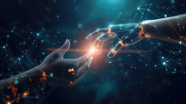 AI, Hands of robot and human touching on big data network connection, Data exchange, deep learning, Science and artificial intelligence technology, innovation of futuristic.
