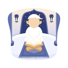 Vector illustration of a Muslim boy reading the quran in a mosque
