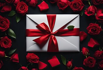  black rose envelop view top background Red copy background flowers space
