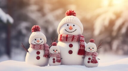 Adorable Knitted Snowman Family Celebrating Holiday Seasons on Christmas Snowy Background AI Generated