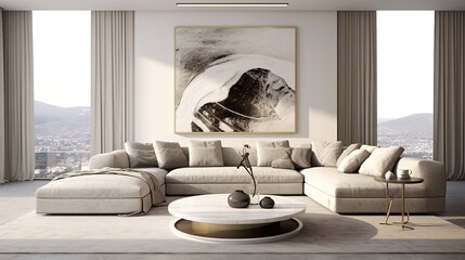 Modern luxurious living room interior composition with elegant color palette 