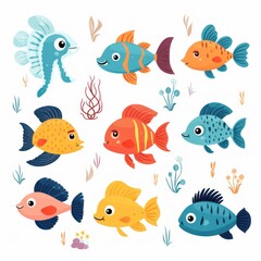 Set of cute cartoon fishes. illustration isolated on white background. Generative AI