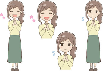 両手を胸に置くポーズのロングスカート女性。笑顔と不安な顔のセット