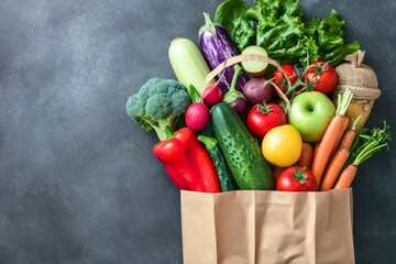 Various fresh vegetables and fruits in paper bag, dark background.