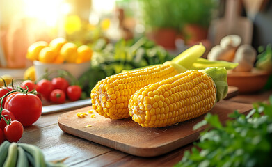 Fresh yellow corn cob on cutting board with sunlight, farm vegetables background for healthy eating.