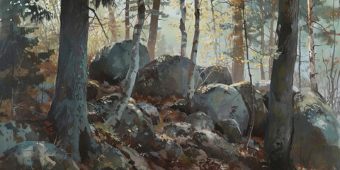 Obraz premium a painting of a white trees among rocks, generative AI