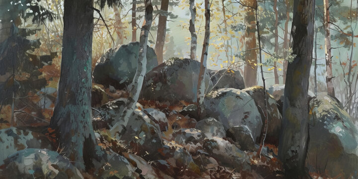 a painting of a white trees among rocks, generative AI
