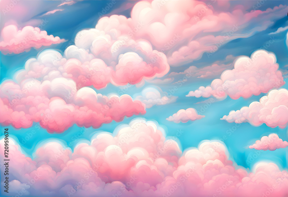 Wall mural sky illustration with colorful clouds. blue and pink clouds, blue sky. art for children's themes, fa