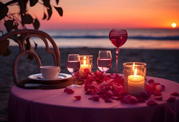 Fototapeten Romantic date on beach at sunset. Dinner for Valentine's day. . Summer love, romance date on vacation, honeymoon. Romantic tropical getaway for two, couple concept. Intimate romance landscape © ratatosk