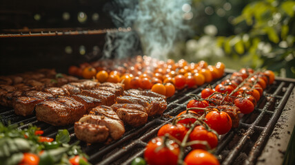 Barbecue grill with delicious grilled meat and cherry tomatoes, closeup