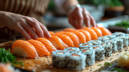 Closeup of male chef hands making salmon sushi in kitchen. Cooking, food and restaurant concept