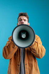 man speaking in to a megaphone on a blue background 