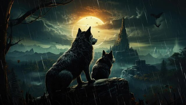 Guardians of the Night: Two Wolves Perched on a Tree, Watching Over the Rainy Forest