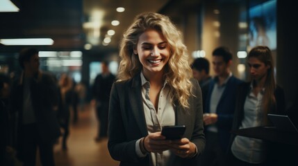 Young businesswoman using mobile phone in the lobby of a modern office building Generative AI