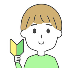 初心者マークを右手に持つ男性　上半身　イラスト