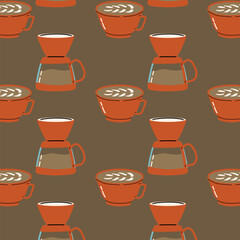 Seamless pattern with coffee pot and cup in vintage style. Can used for kitchen textile, wrapping paper, poster. 