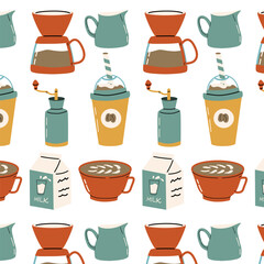 Coffee cups. coffee maker, milk seamless pattern. Vector illustration can used for kitchen textile, wrapping paper, cafe wallpaper, poster. 