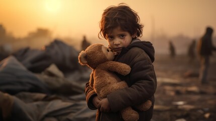 Comfort in Chaos: Emotional Refugee Child Finding Solace with Teddy Bear AI Generated