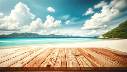 Empty wooden table with beautiful blurred white sand beach background