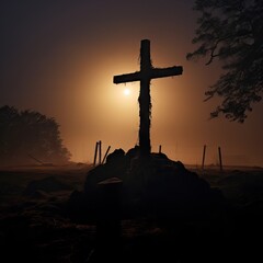 Silhouette of a Dead Tree Framing an Old Stone Cross in a Remote Country Cemetery AI Generated