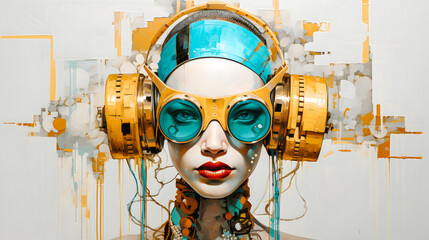 Portrait de femme avec un casque audio sur les oreilles - obrazy, fototapety, plakaty