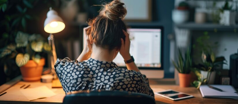 Burnout, caused by chronic work stress, impacts an exhausted and frustrated freelancer working remotely.