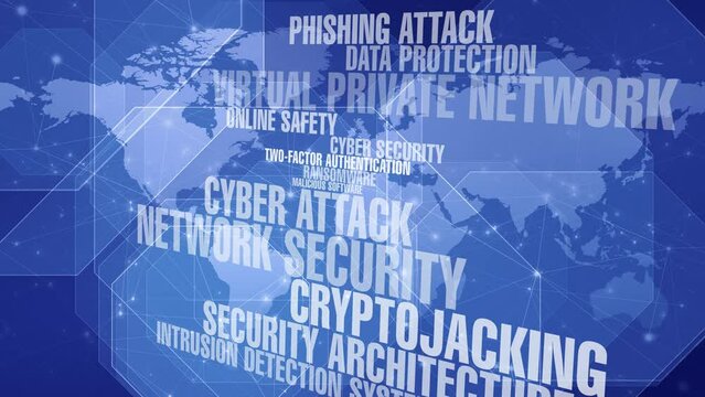 Cyber security safeguarding digital technology and data sharing on world map with secure communication, intrusion detection system, and online protection techniques