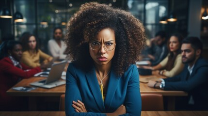 Portrait of a beautiful african american businesswoman looking at camera while standing in the office. Generative AI