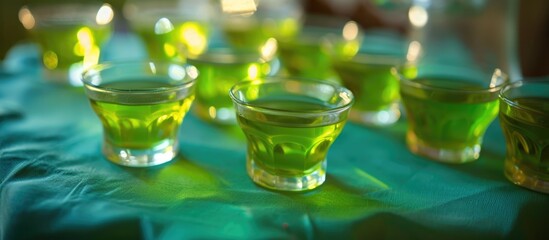 Unconventional alcoholic beverages for adult parties, resembling lime jelly shots and served on a tablecloth. - obrazy, fototapety, plakaty