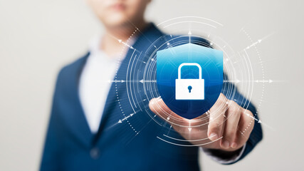 Cyber ​​security concept, businessman touching lock security shield icon, privacy to protect...