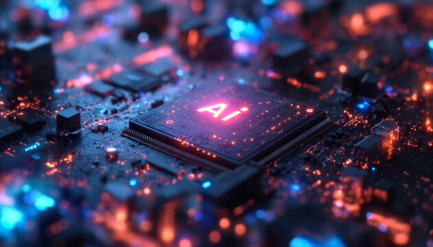 AI neural circuit network, bright AI symbol on hardware, concept of AI computing power, tech evolution