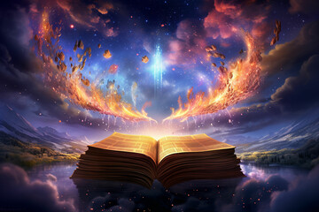 Magic book on the magic sky - obrazy, fototapety, plakaty