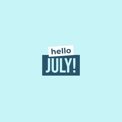 Hello July Typography Flat Style Design. Isolated on blue background. 