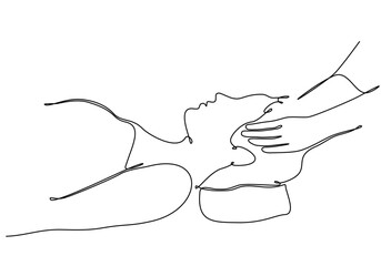 Continuous single line drawing like a princess. Side shot of relaxed young woman washing her hair in a hair salon. Hairstyle beauty concept. Dynamic one line draw graphic design vector illustration