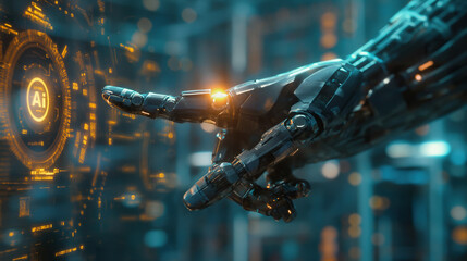 High-tech AI robot safeguarding digital data with illuminated security shield, encryption, and cyber defense