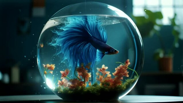 Animation of blue betta fish in aquarium. fighting fish