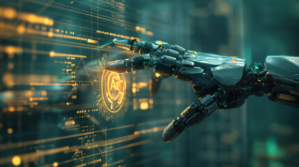 Futuristic AI robotic encryption in action, cyber protection shield display, secure data transmission, and network safety.