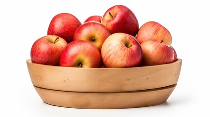 Fototapeta na wymiar Ripe red apples in a wooden bowl isolated on white background. Generative AI