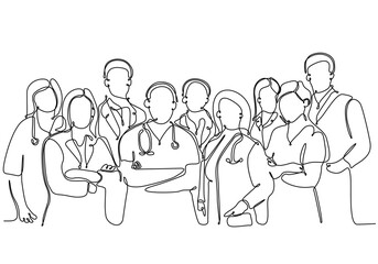 One continuous single line drawing group of young male and female doctors posing standing together holding medical reports. Teamwork medical concept draw single line design vector illustration