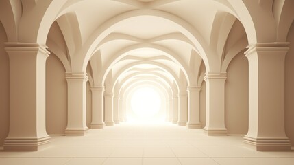Illuminated corridor with columns and light rays. 3d rendering Generative AI