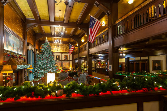 Lobby beautifully decorated for Christmas, in the Eureka Inn, Historic Landmark hotel, Eureka, California