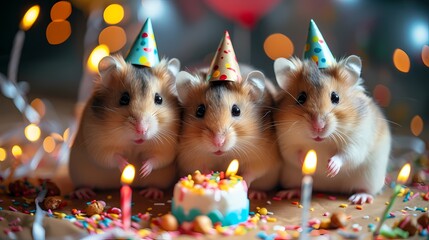 cute hamsters celebrate birthday party with birthday cake and hat
