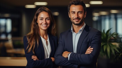 Portrait of happy business people standing with arms crossed in modern office Generative AI