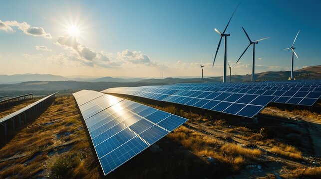 photovoltaic power plant and wind turbine farm situated by landfill.Solar panels farm built on a waste dump and wind turbine farm. Copy space for text.